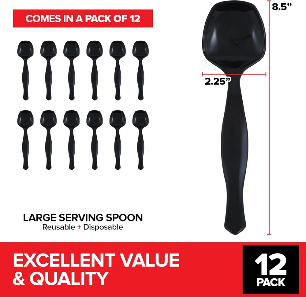 12 Count Disposable Serving Spoons, Black Plastic Spoons for
