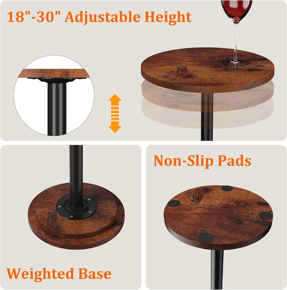 Drink Table, Small Side Table with Adjustable Height & Heavy 1 Rustic Brown