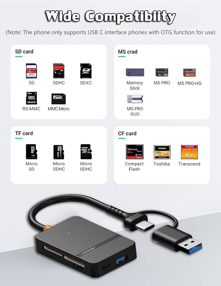 USB C 3.0 Dual Interface Multi Card Reader, OTG Adapter, with 4 Black