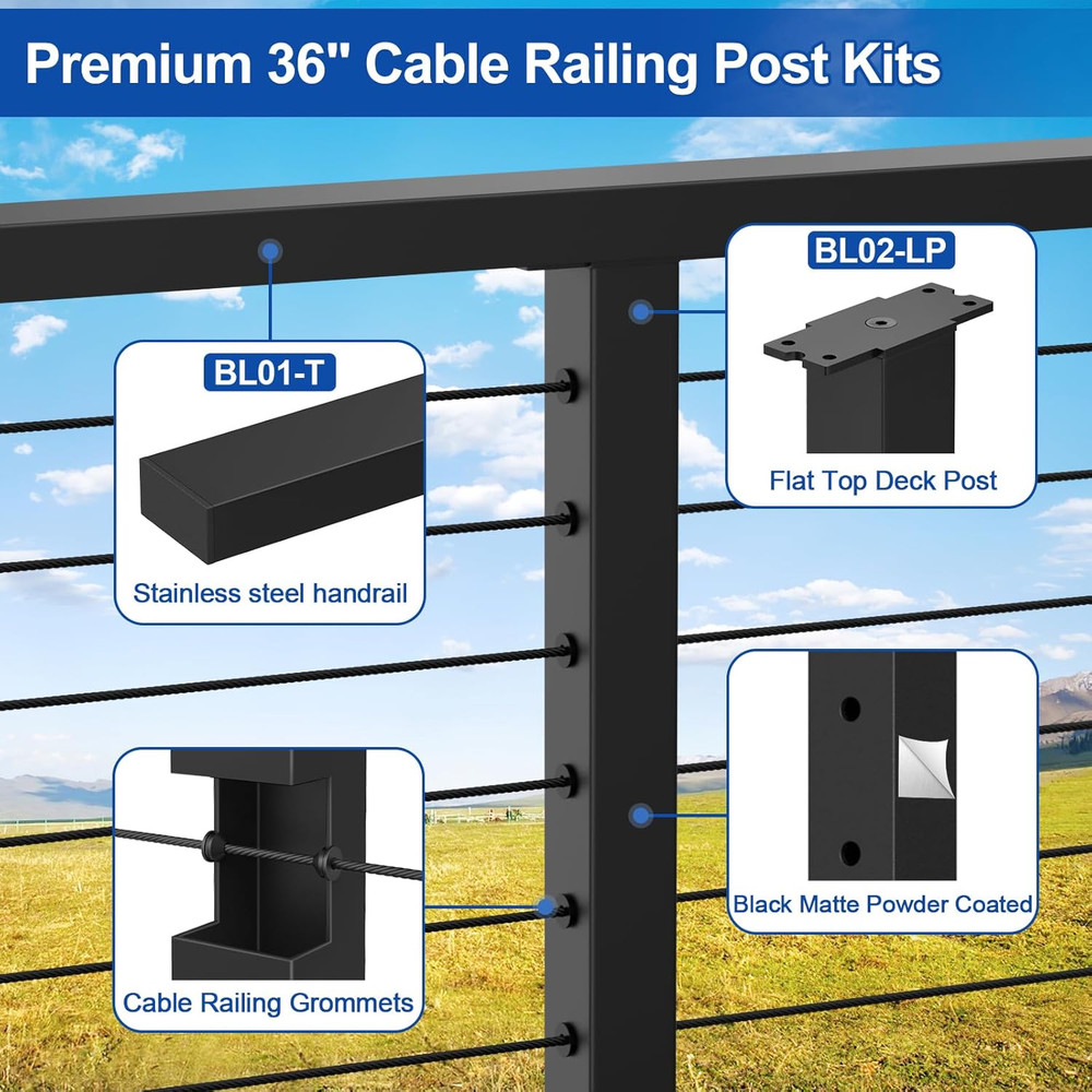 36" Cable Railing Post Kit, 8FT-16FT, Black, Swageless System, 200FT Cable
