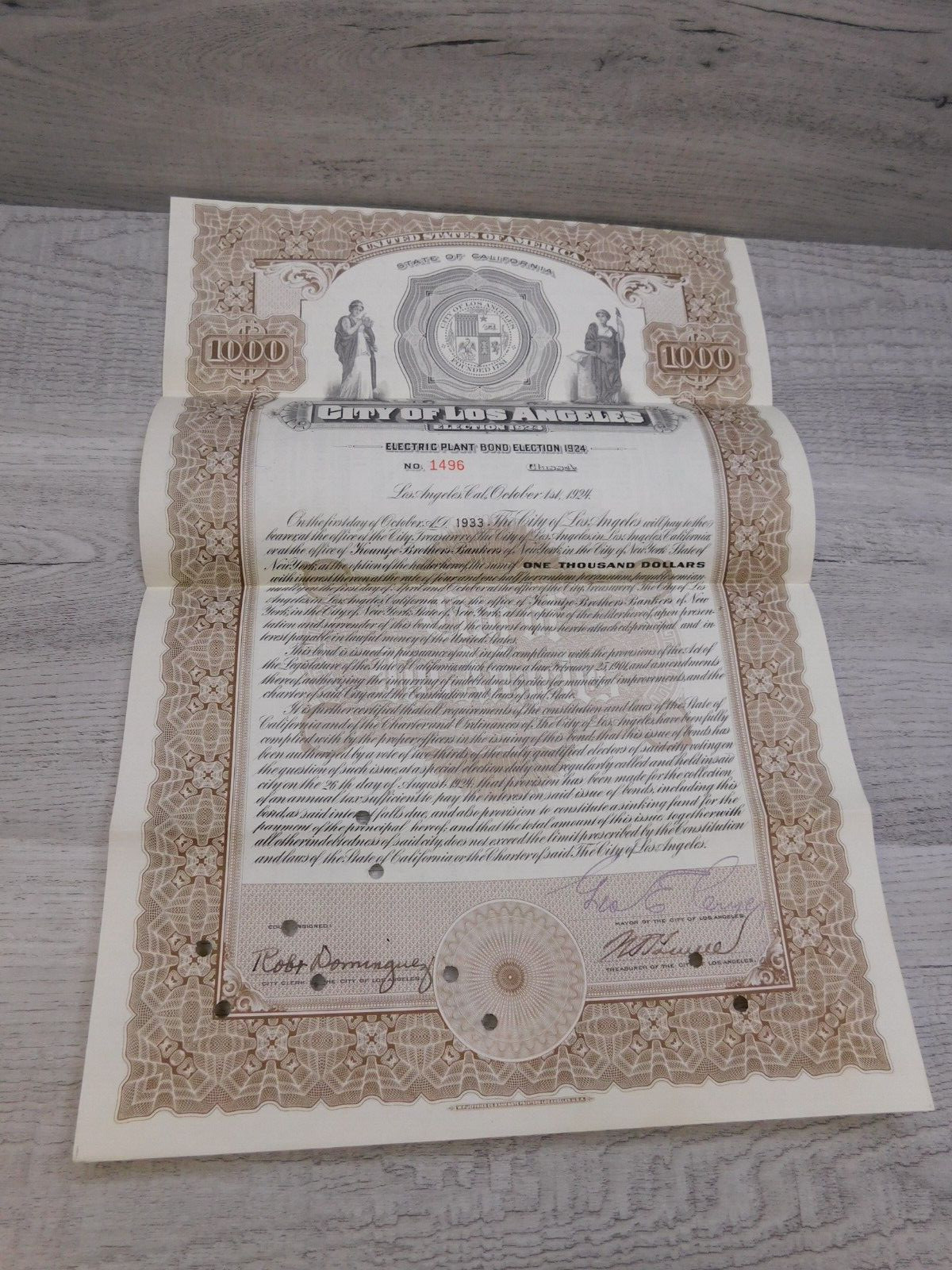 Vintage 1933 California City of Los Angeles Electric Plant Bond Election No 1496