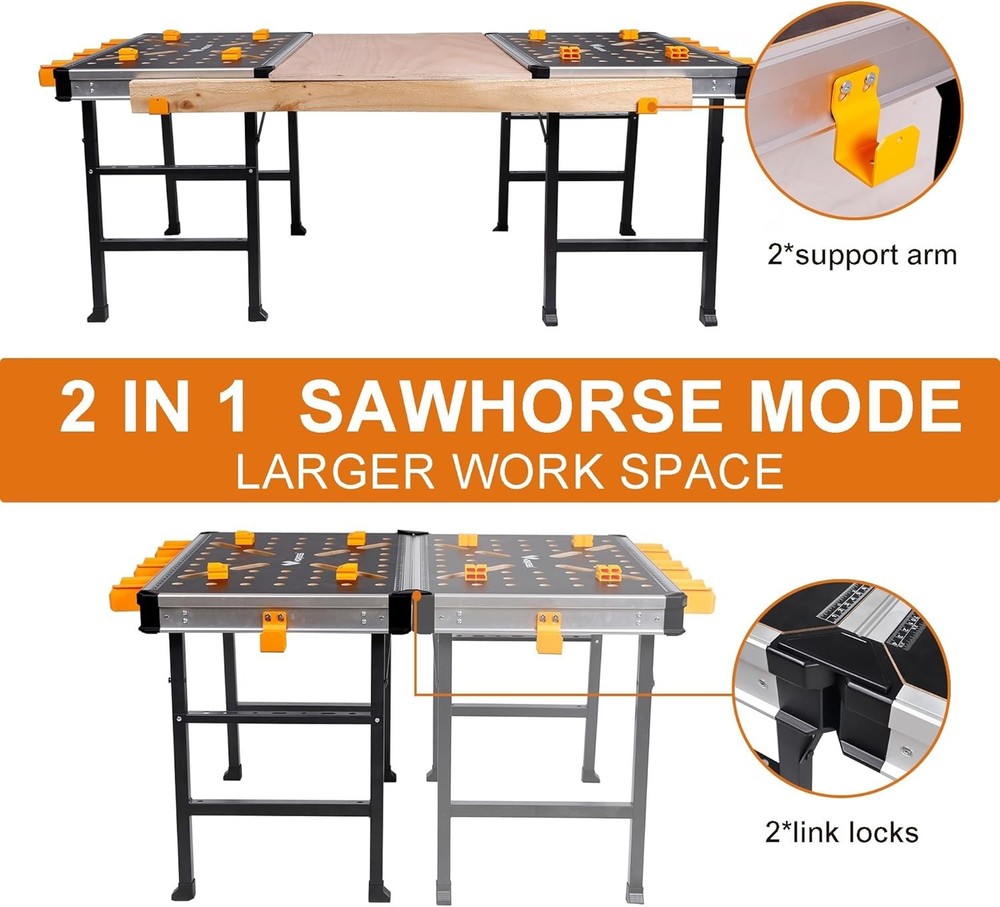 Compact Folding Work Table with 1000 lbs Capacity & 3 Tool Boxes for Garage Use