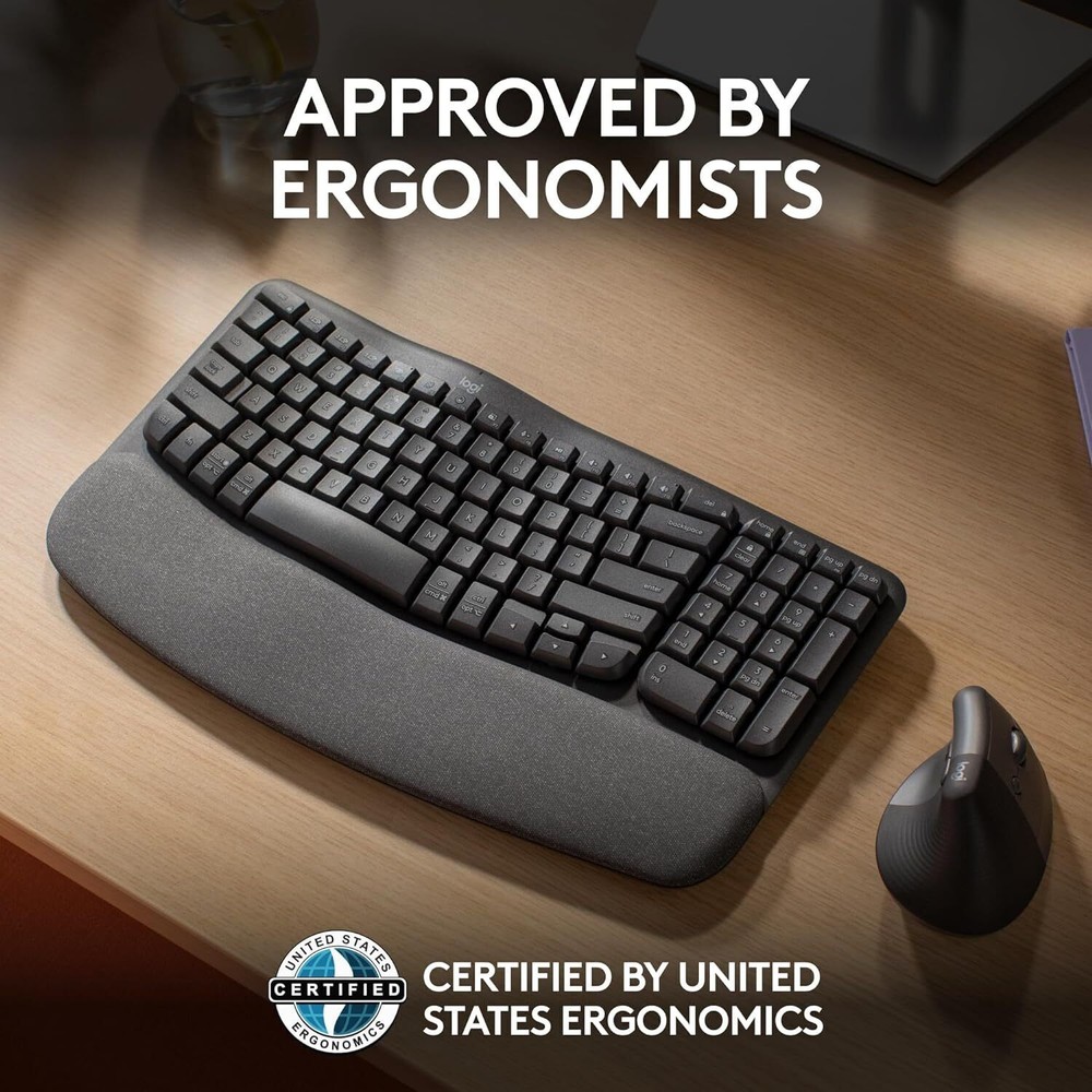 Logitech Wave Keys Wireless Ergonomic Keyboard with Cushioned Palm Rest Graphite