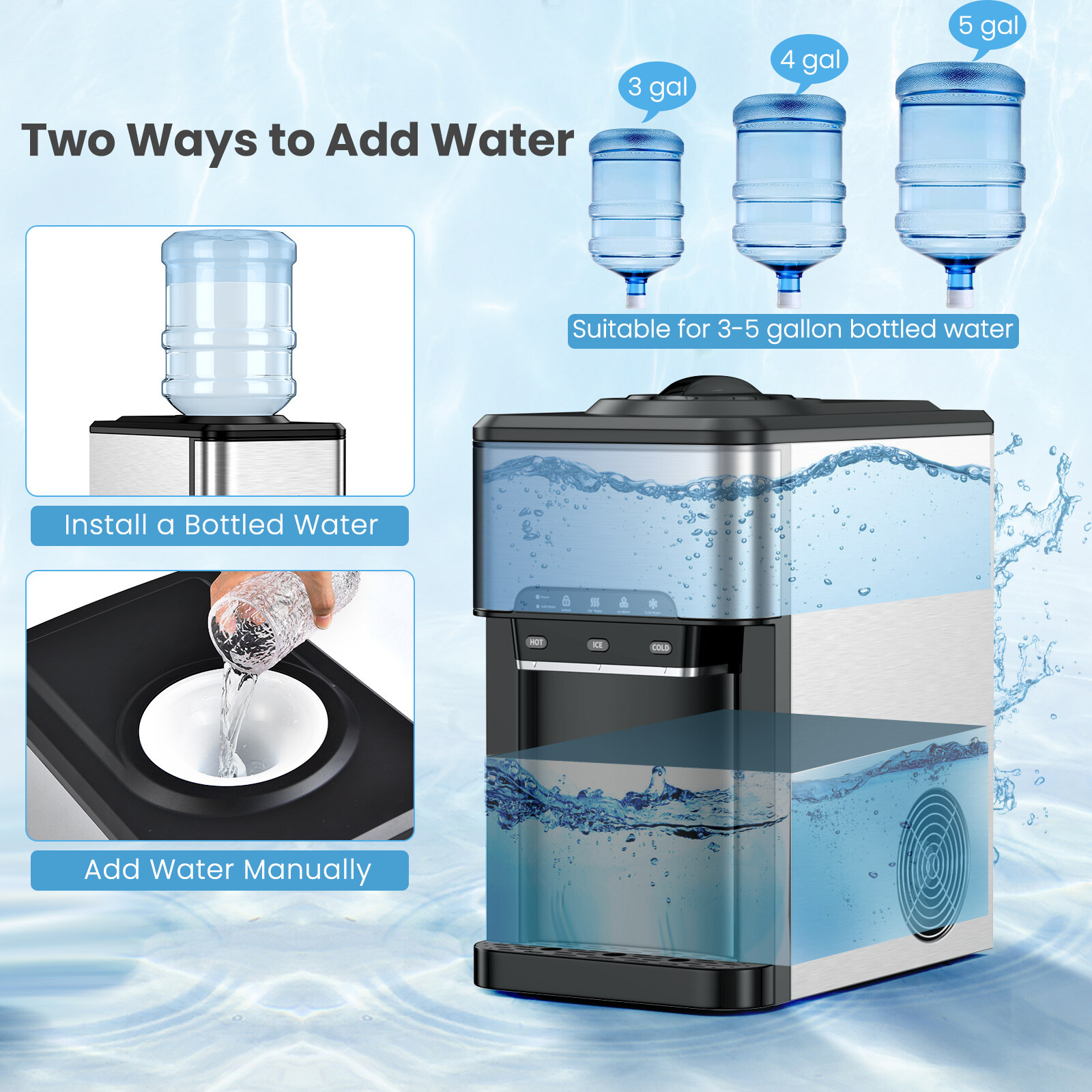 3-in-1 Water Cooler Dispenser with Built-in Ice Maker w/ 3 Temperature Settings