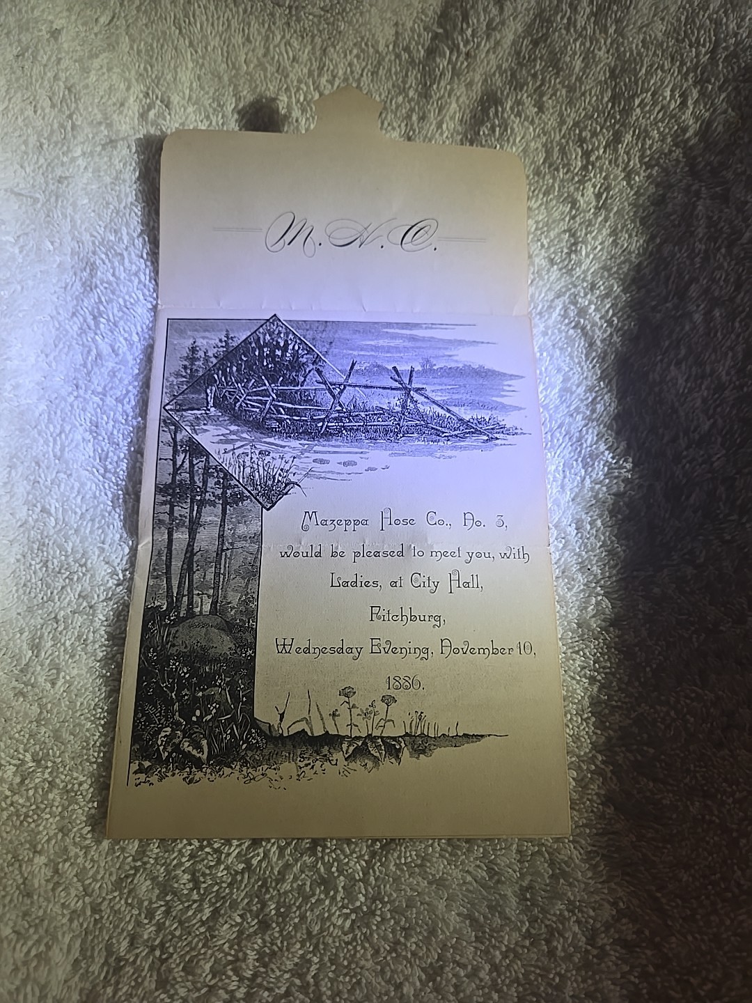 Antique Grand Fireman's Ball Invitation MAZEPPA HOSE COMPANY 3 FITCHBURG,MASS.