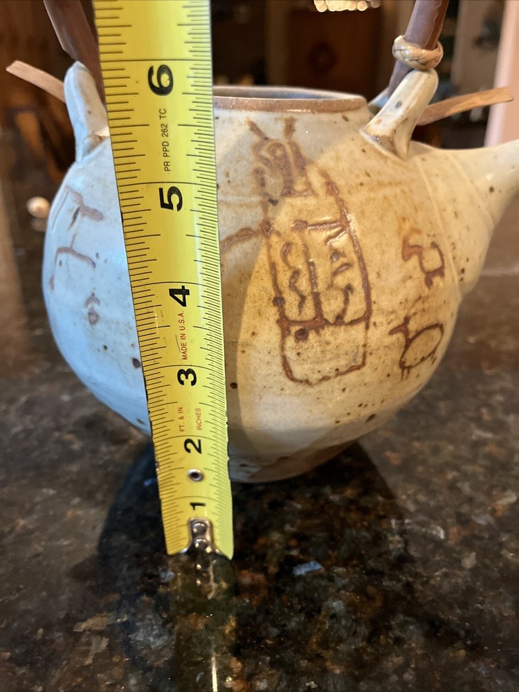 Studio Pottery Teapot with Bamboo Handle Primitive Cave Drawings