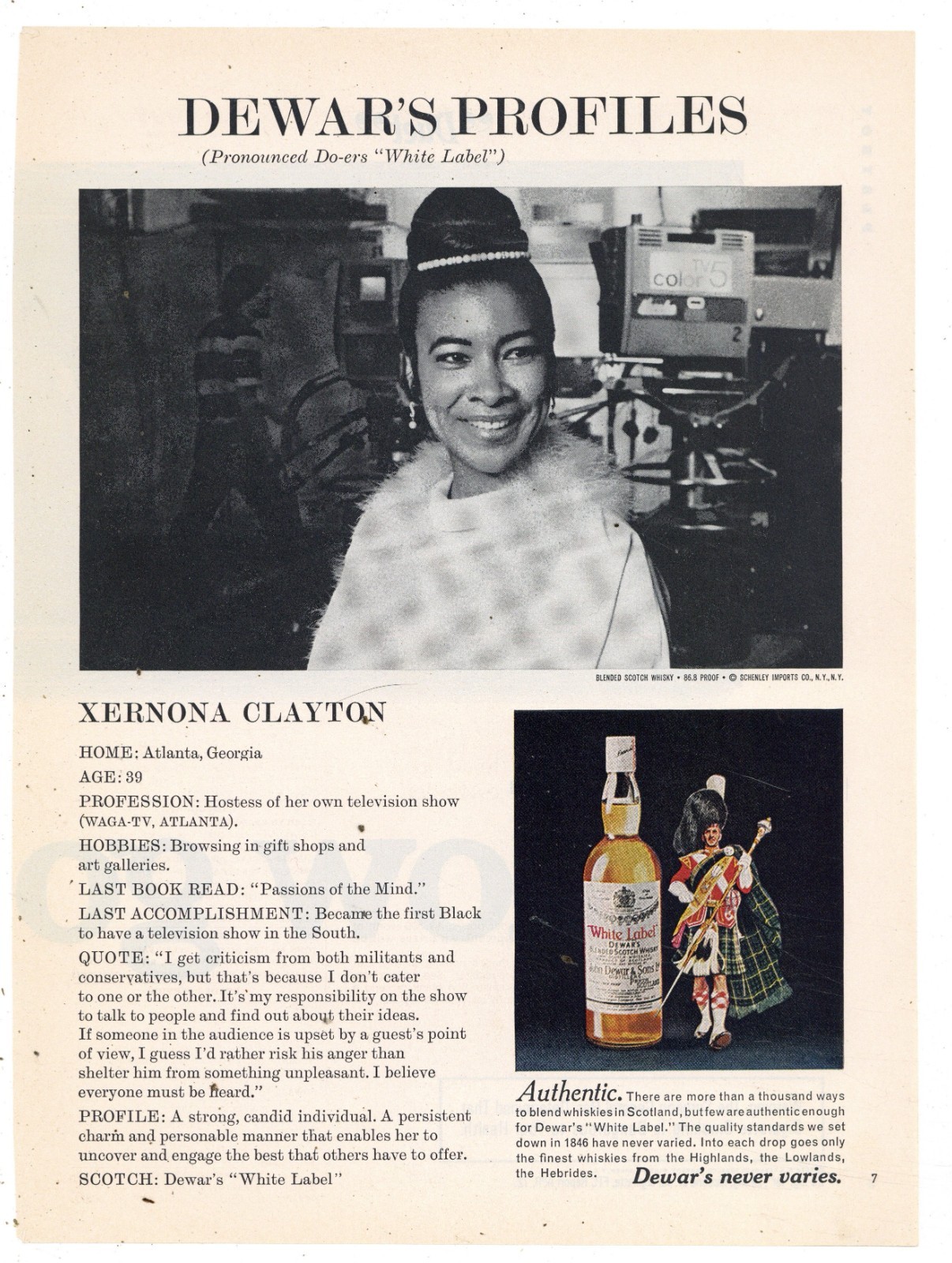 1972 Dewars White Label Scotch Ad: Dewar's Profile on Xerona Clayton of Atlanta