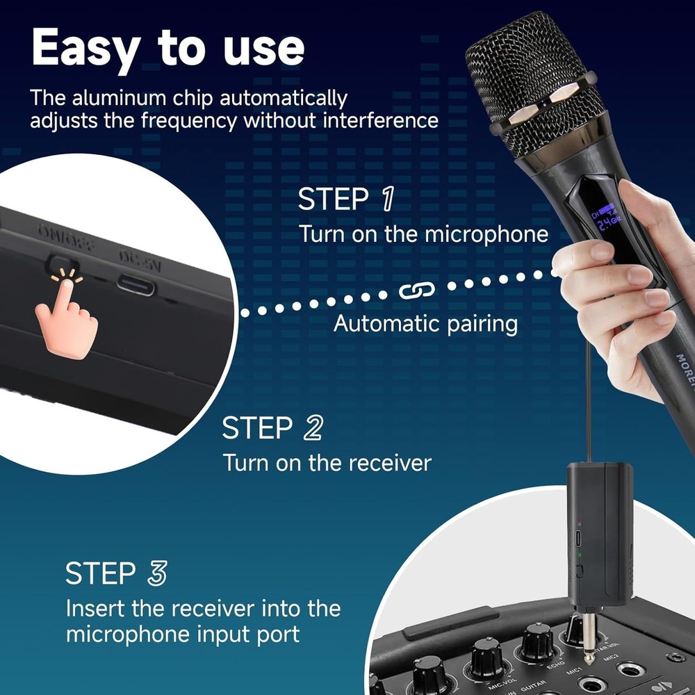 Dynamic Handheld Karaoke Microphone - 160ft Wireless Range, DSP Noise Reduction