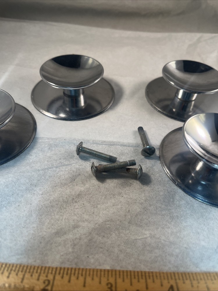 4 Vintage 1960s AJAX Shiny Chrome Beveled Concave 2" Round Knobs & Back Plates