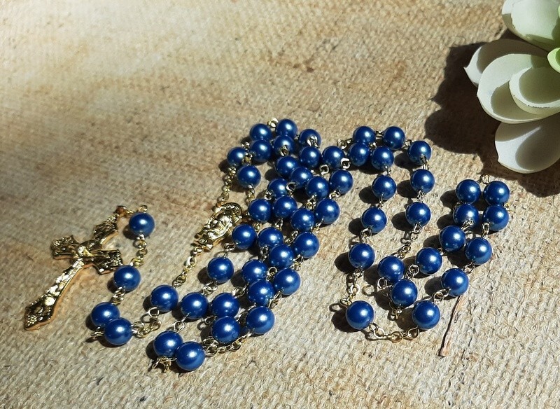 Paris Blue Glass Pearl and Crystal Rosary in Gold