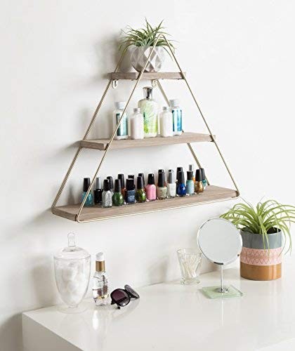 Tilde Small Three Tiered Triangle Floating Metal Wall Shelf, Rustic Light Bro...