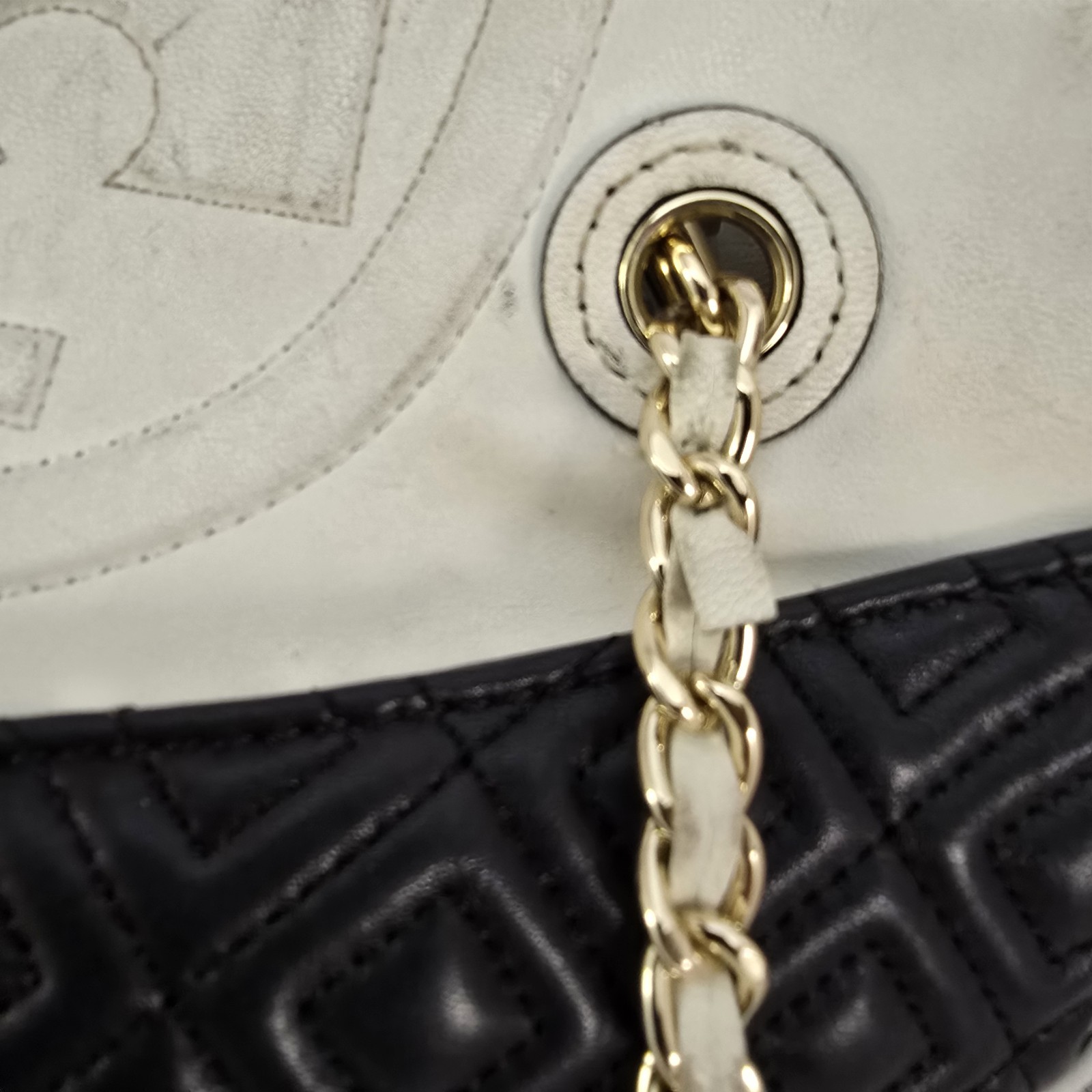 Tory Burch Fleming Quilted Leather Tote Black Ivory Chain Shoulder Bag