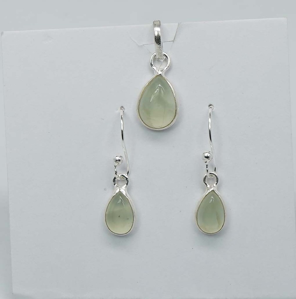 925 Solid Sterling Silver Green Prehnite Hook Earring Pendant Set