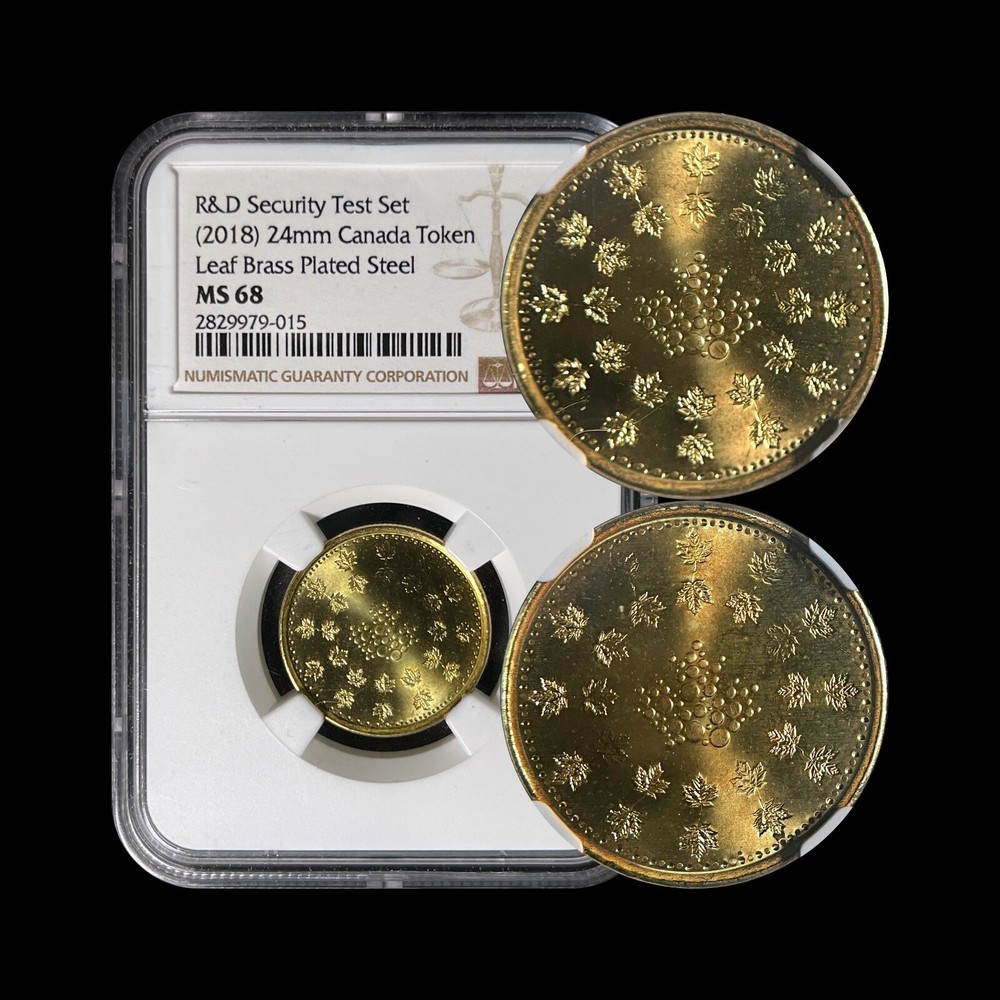 CANADA. 2018, Token - NGC MS68 - Security Test, Maple Leaf, Brass, RARE