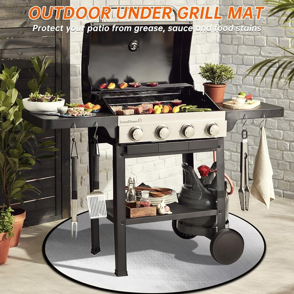 38" Round Fire Pit Mat - Double-Sided Fireproof & Waterproof, Black & Silver