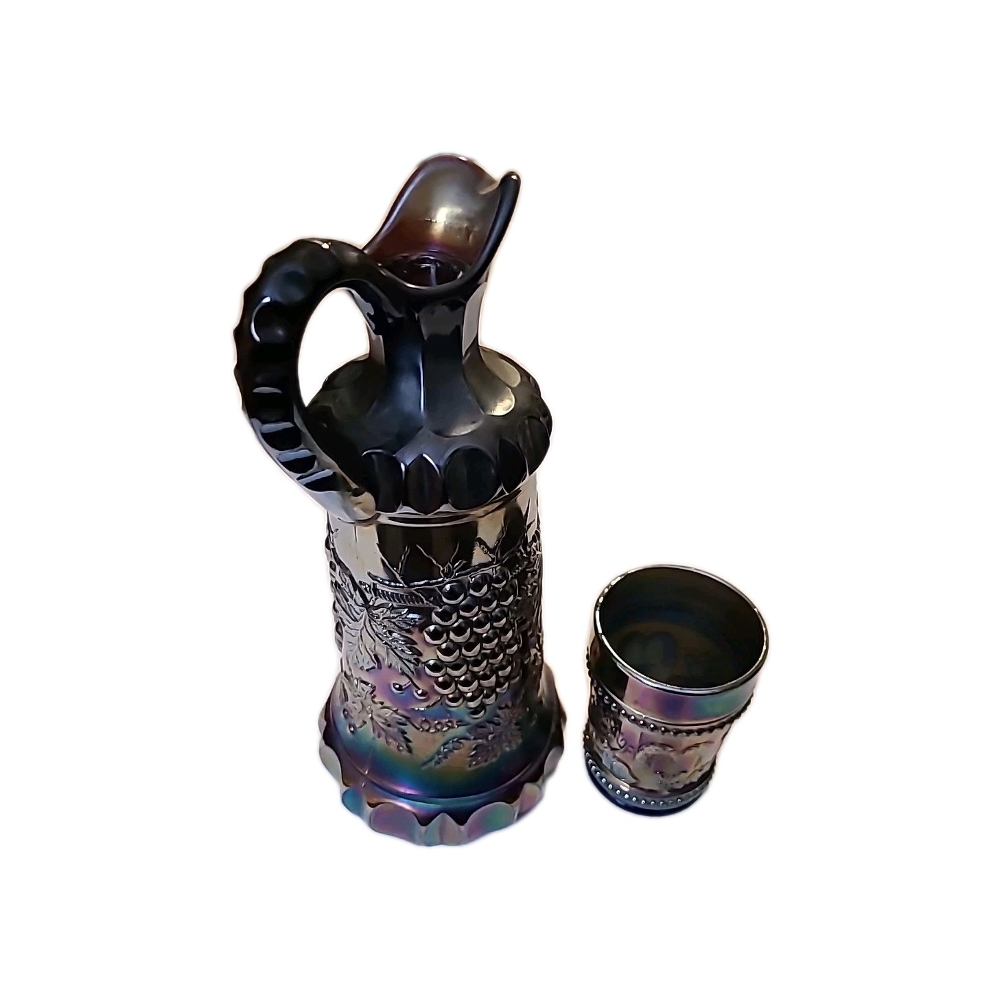 vtgNORTHWOOD CARNIVAL GLASS GRAPE & CABLE WHISKEY DECANTER & SHOT GLASS AMETHYST