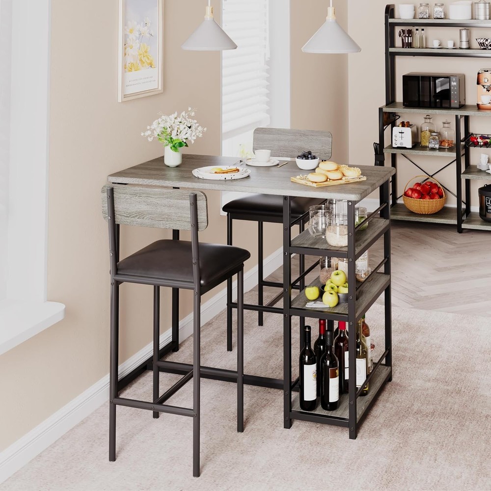 Bar Table and Stools Set for 2, Modern Dining Table Set with 3 Storage Shelves