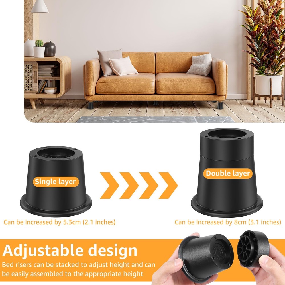 Adjustable Bed Risers 3.3 Inch, 4 Pack Furniture Elevators for Under-Bed Storage