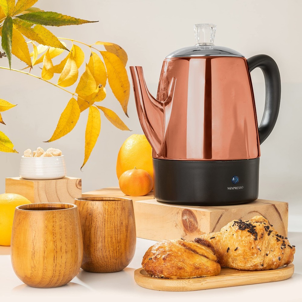 Electric Coffee Percolator 4 Cup Copper Stainless Steel Pot Keep Warm Function