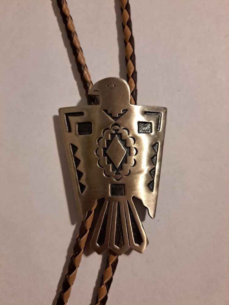 Leather 35" Bolo Tie Nickel Silver Bell Thunderbird