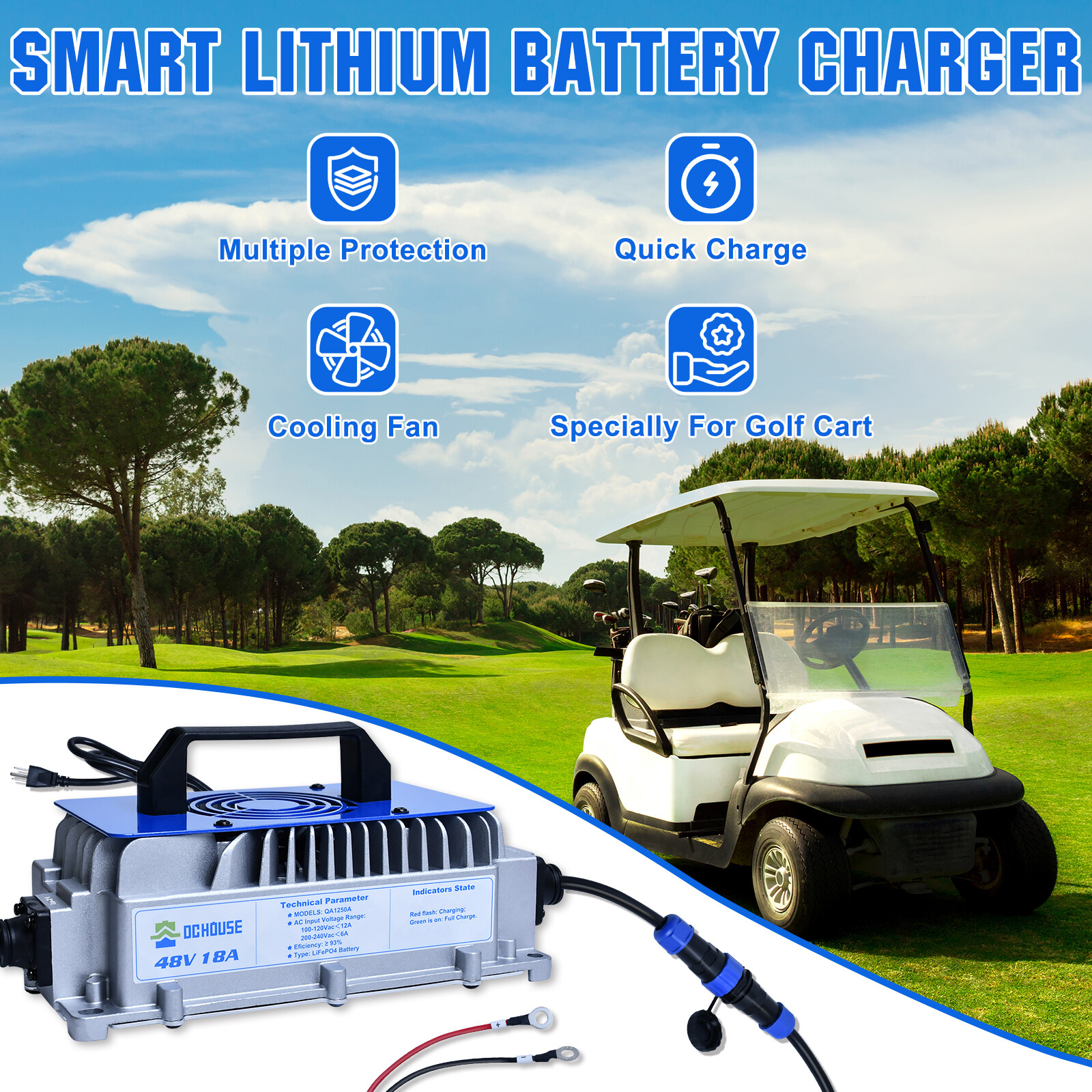 48V 100Ah Lithium LiFePO4 Battery with 18A Charger Golf Cart, Trolling Motor RV