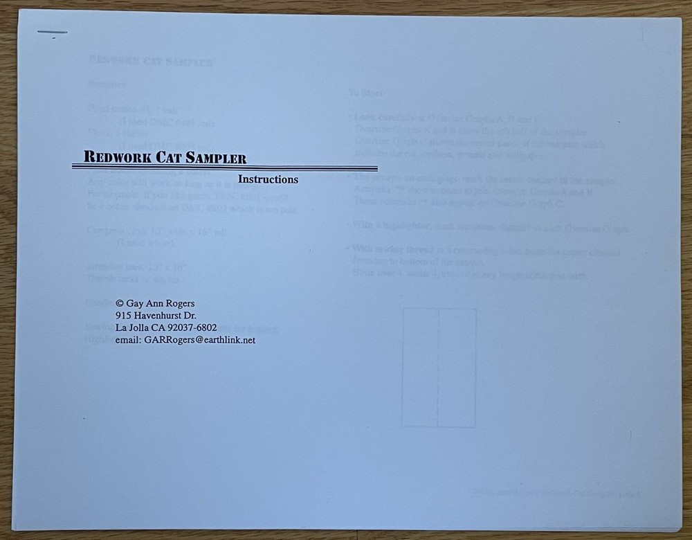 Gay Ann Rogers Redwork Cat pattern only