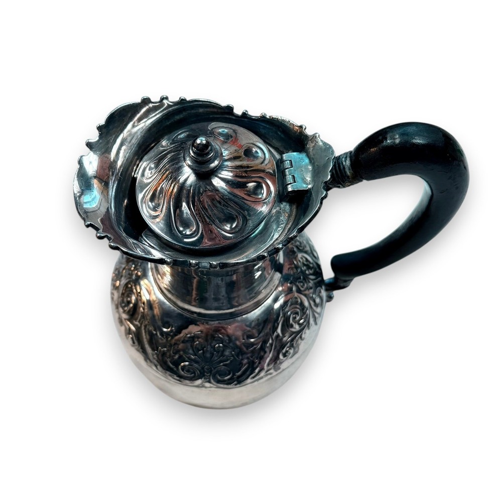 Antique Silverplate Hinged Lid Pitcher, Ornate Victorian Style, Black Handle