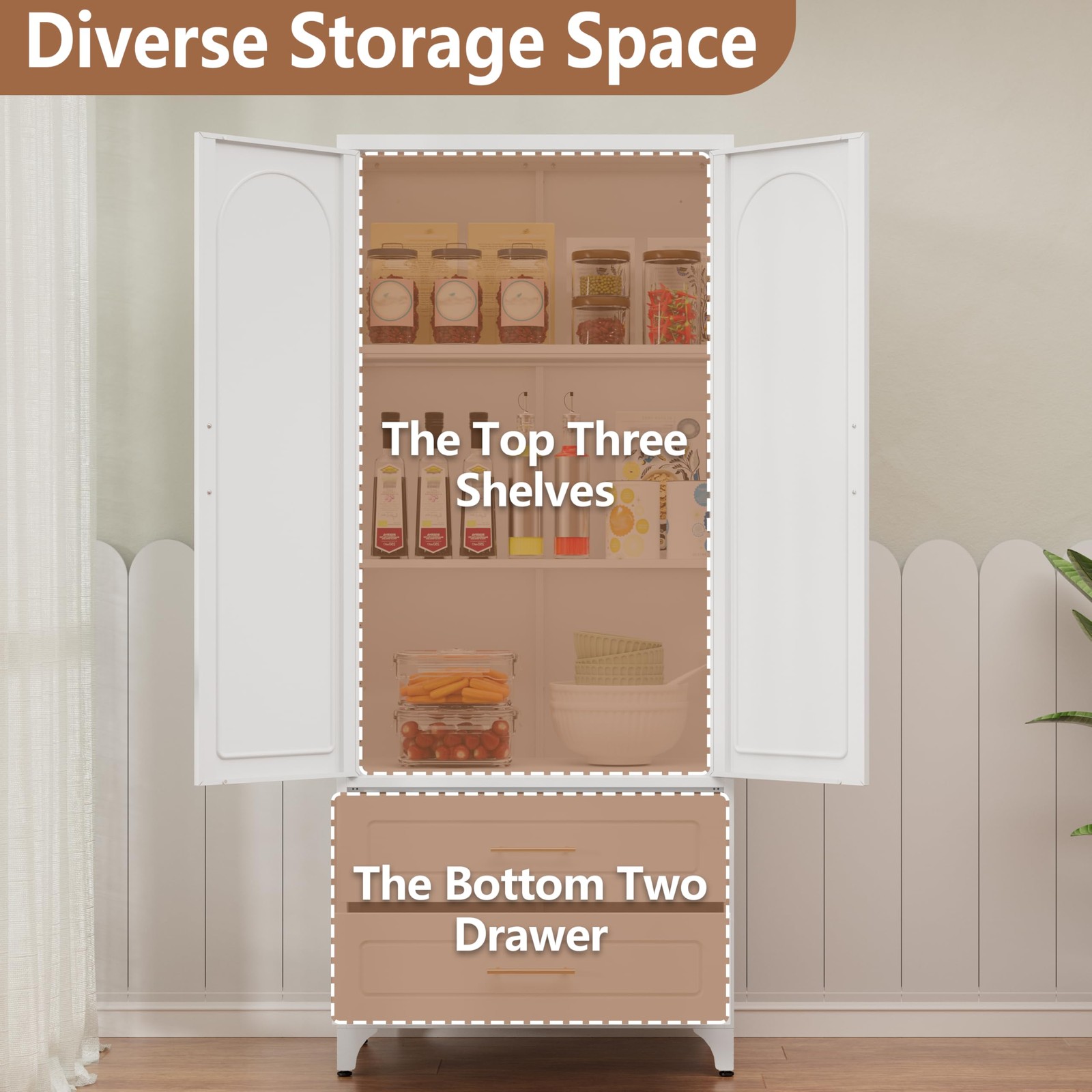 Kitchen Pantry Cabinet 75" Tall Metal Pantry Cabinet with Two Drawers