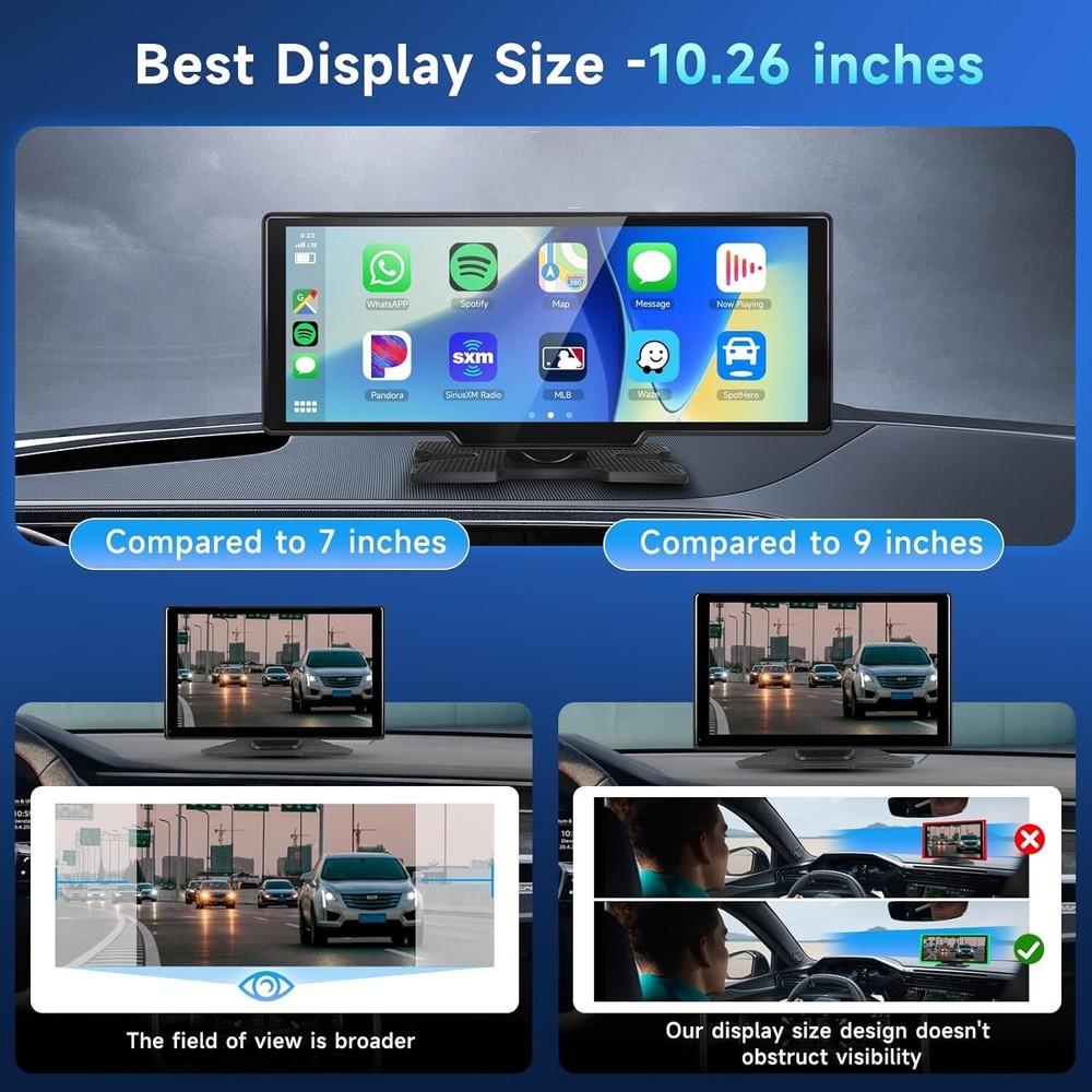 10.26" Touchscreen Wireless Apple Carplay Portable Car Stereo Android Auto, C...