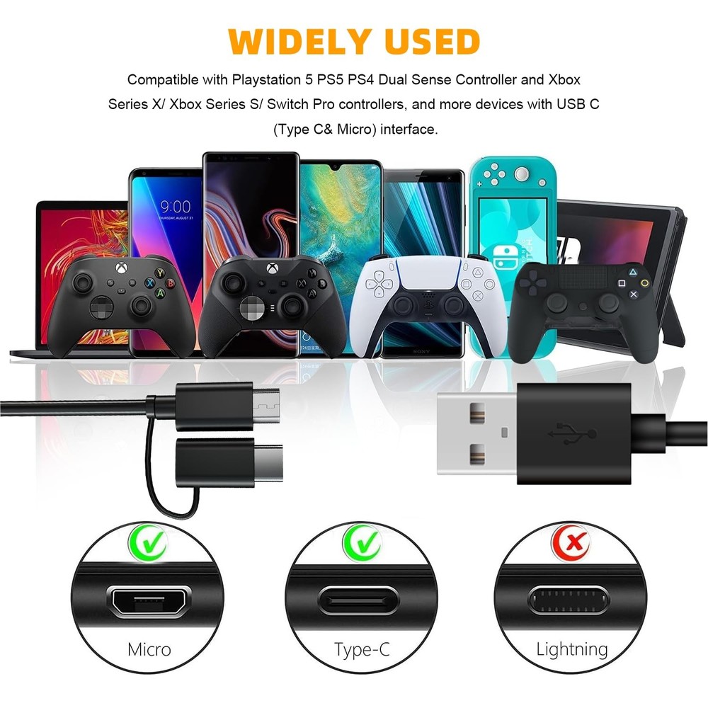USB C/Micro 2-in-1Charging Cable Compatible with PS5/PS4 Controller, 6Ft Chargin