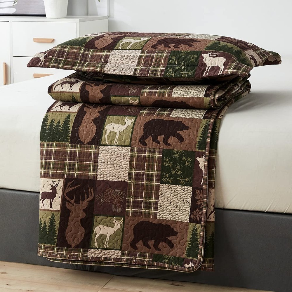 Reversible Moose Bear Quilt King Size Rustic Cabin Bedding Set