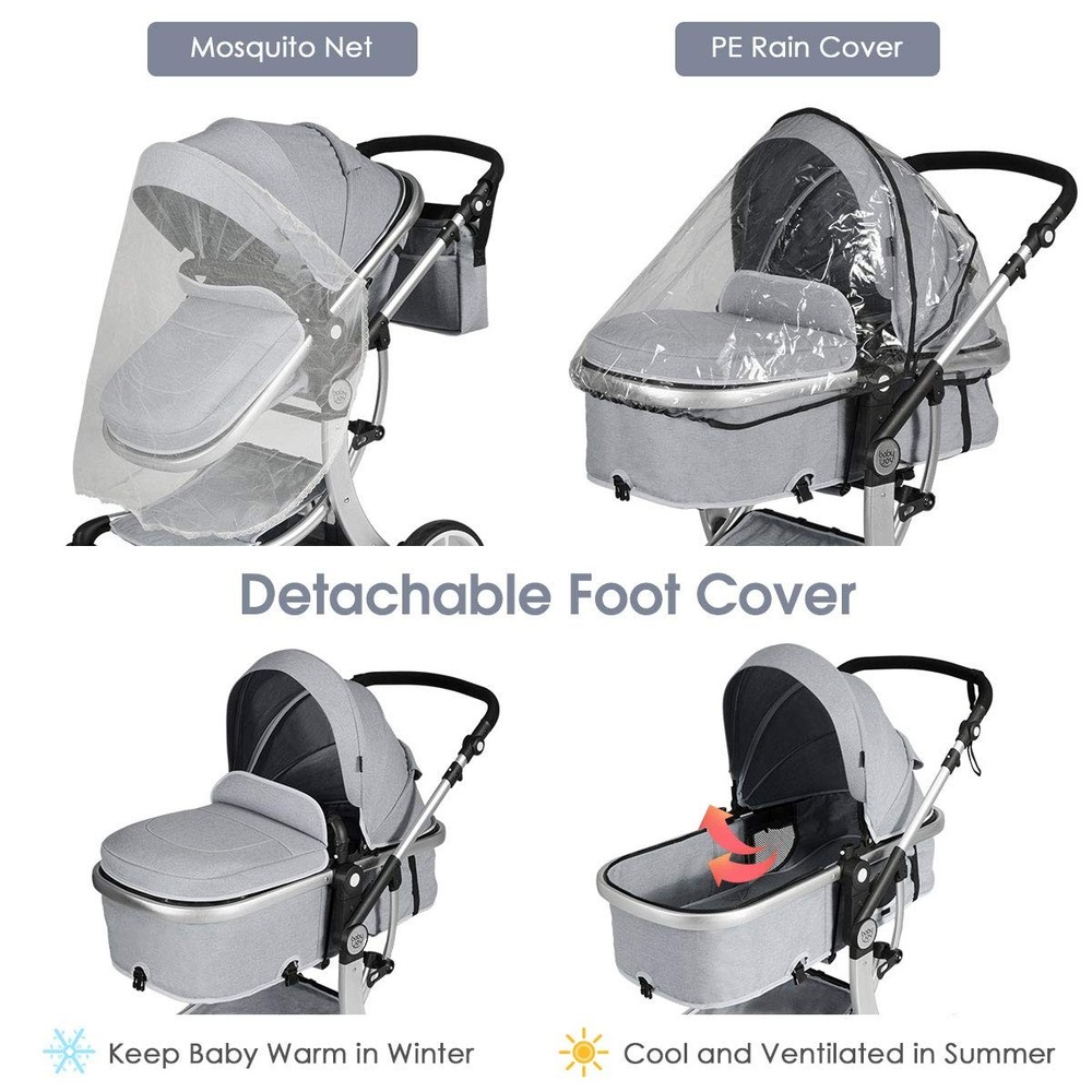 Convertible Baby Stroller with Adjustable Canopy & Storage - Gray