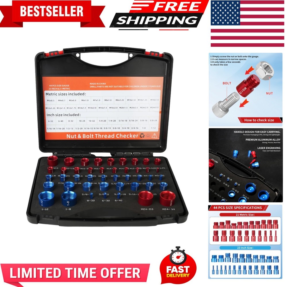 44pcs Inch & Metric Set Nut & Bolt Thread Checker Identifier Thread Gauges Box