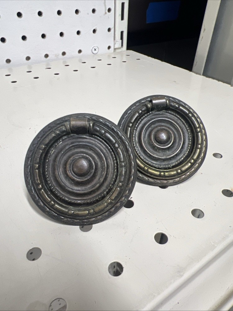 Set of 2 Antique Solid Brass Ring Drawer Pulls 2.25" Wide