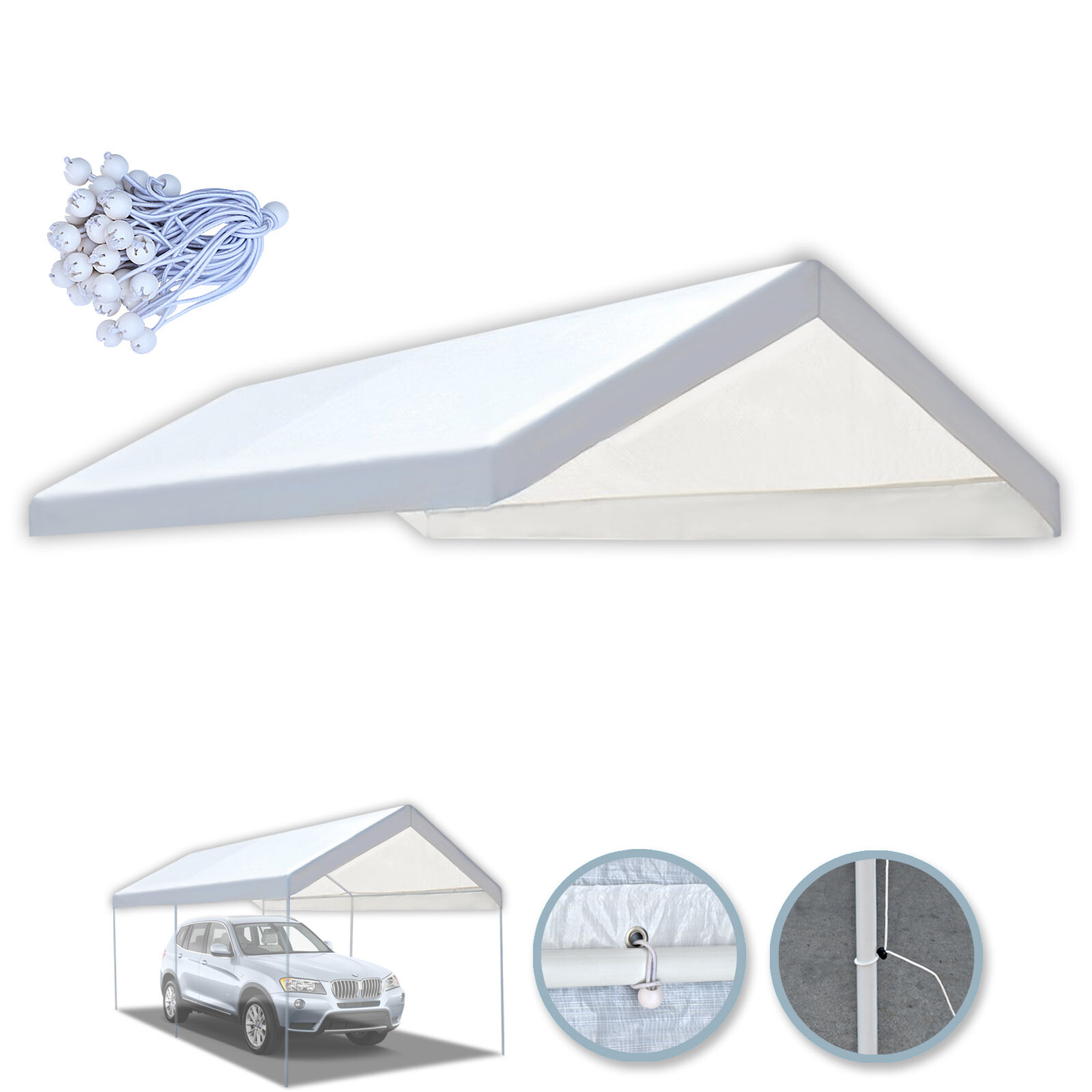 10x20' Carport Replacement Canopy Garage Top Cover Only with Bungees Ball & Edge
