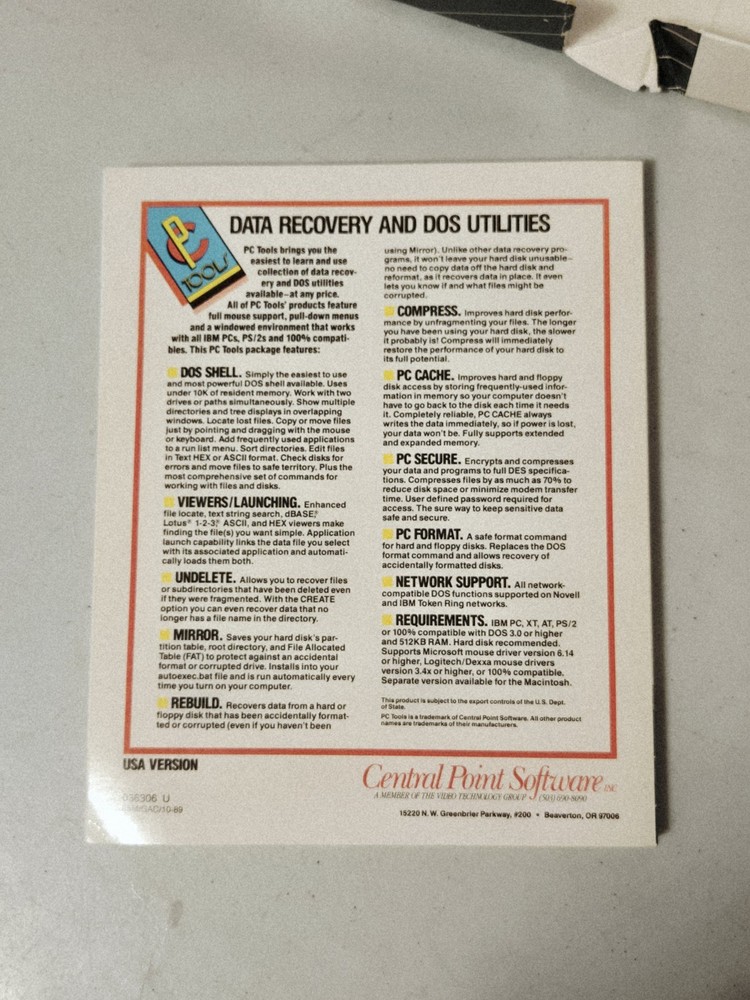 1989 Central Point PC Tools Deluxe Version 5.5 dBase, 123 Viewers, w/5¼" & 3½"