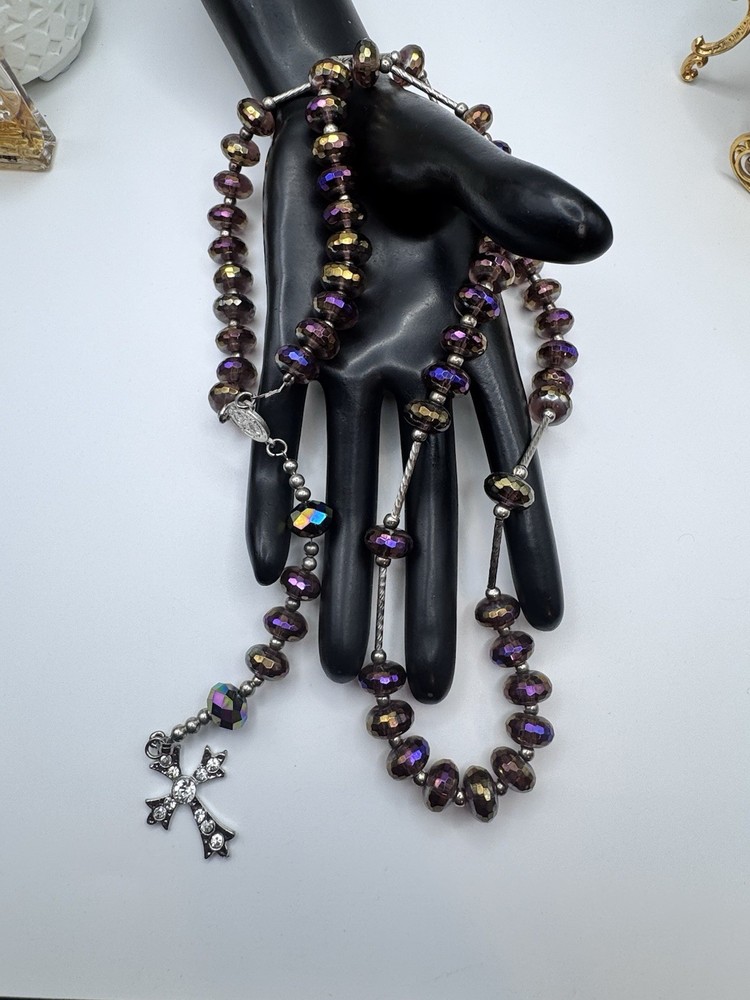 Vintage Rosary Necklace Purple Faceted Glass Beads Silver Cross Crucifix 40”
