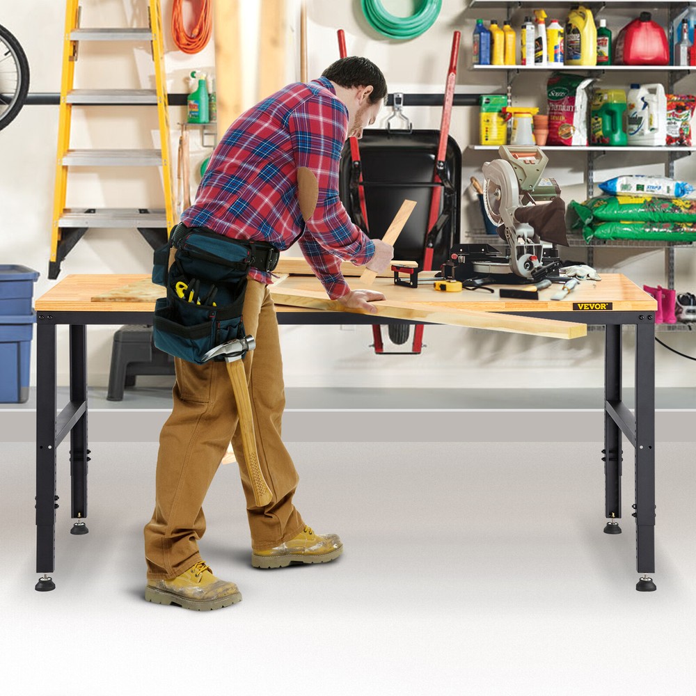 Adjustable Height Workbench 61"L x 20"W Work Bench Table w/ Power Outlets