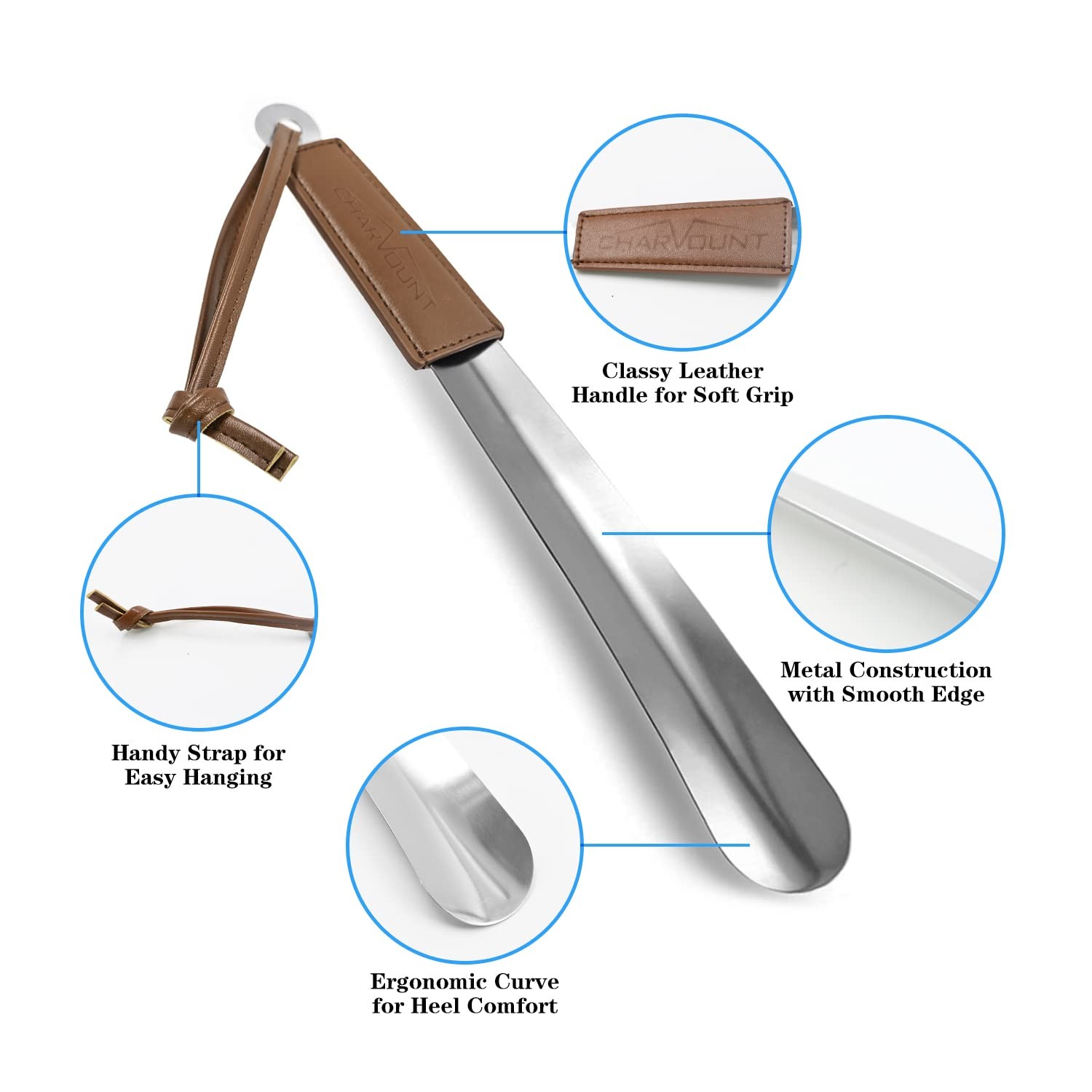 Charmount Metal Shoe Horn - 12 Inch Long Horns for Senior, 12.5'', brown