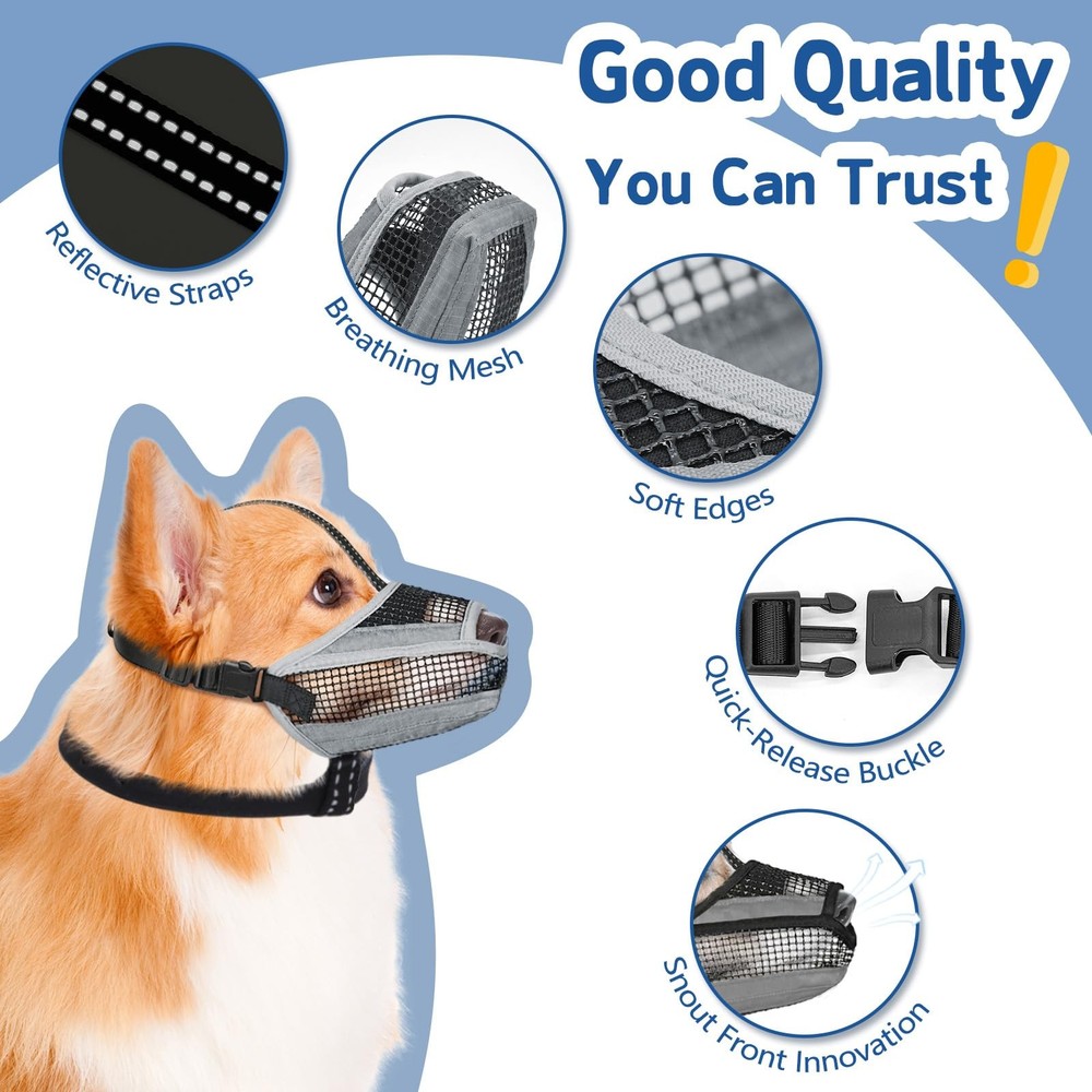 Soft Mesh Dog Muzzle with Reflective Adjustable Strap, Lightweight Muzzle for...