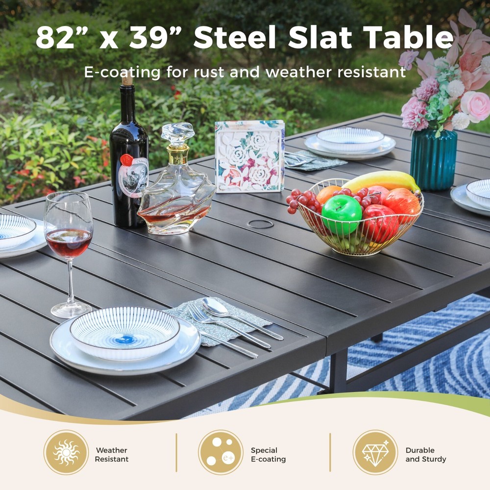 Outdoor Patio Table Rectangular Dining Table with Umbrella Hole for 8 Person