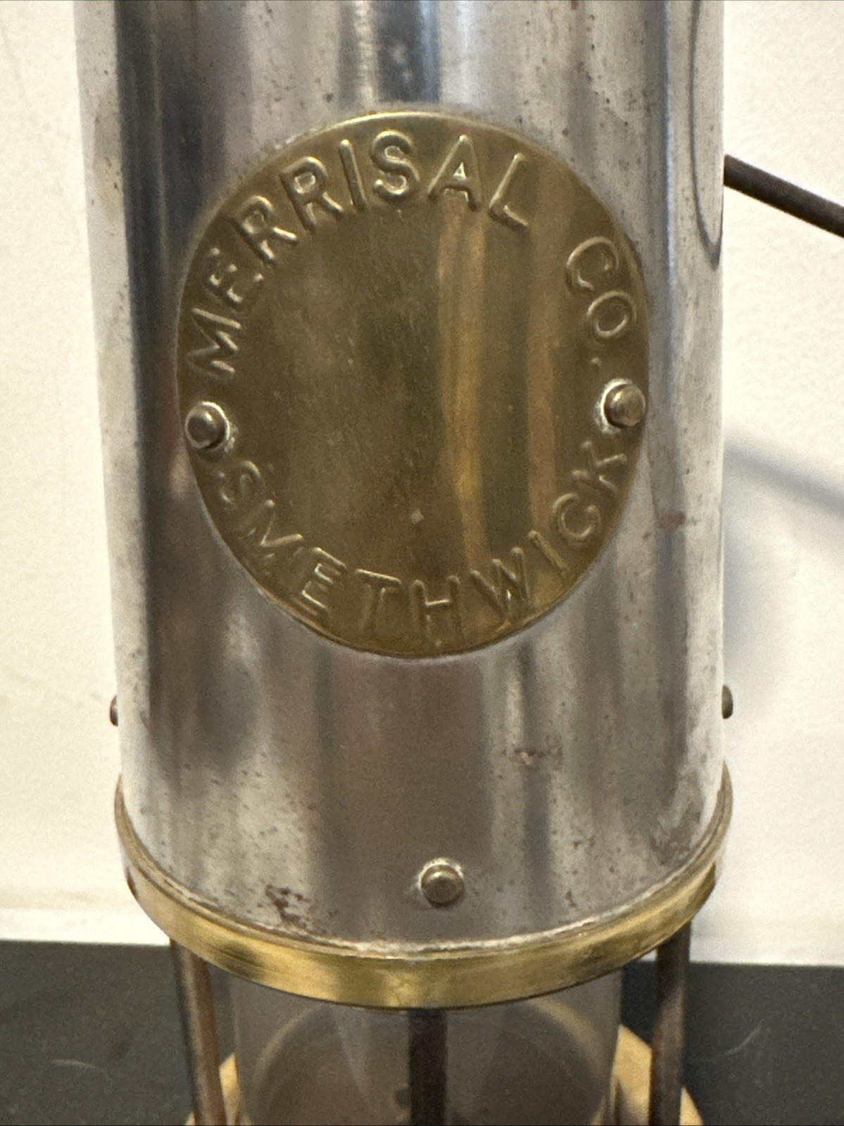 ANTIQUE MINER’S LAMP Merrisal Co. Smethwick Marking Brass Glass Insert READ
