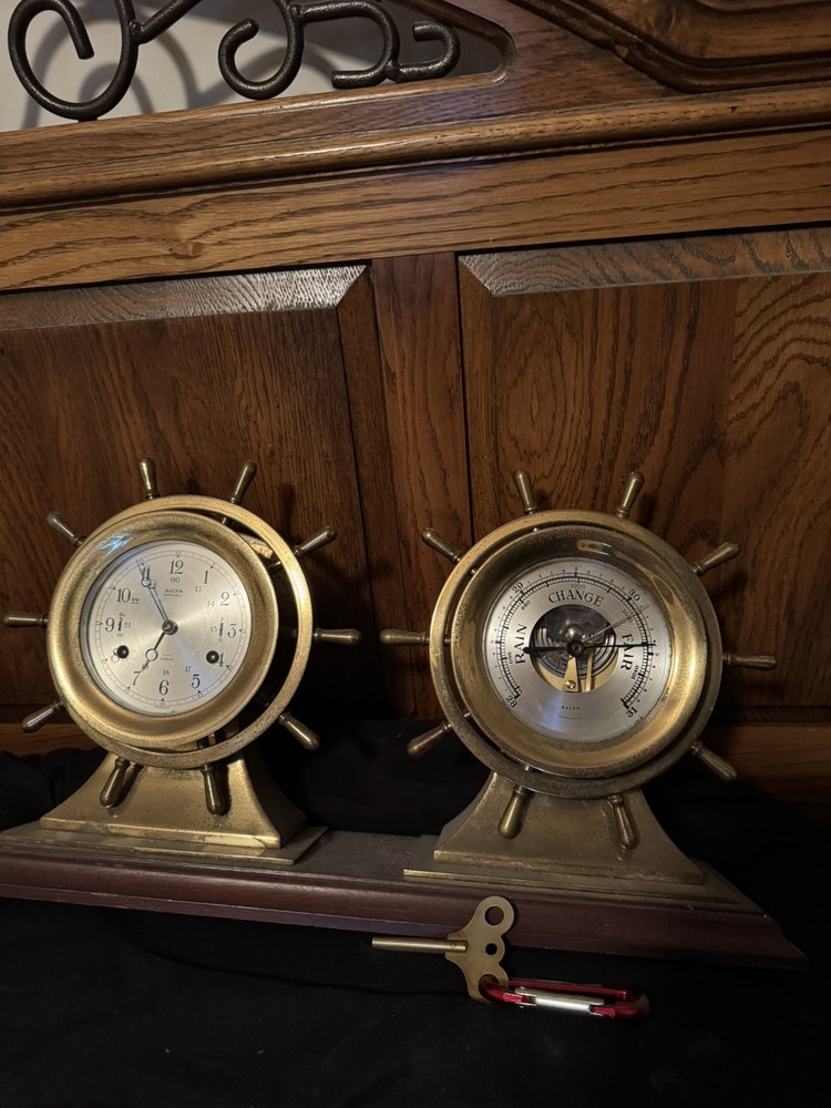Salem Ship Bells Nautical Clock and Barometer on Stand -  Solid Brass - WORKS