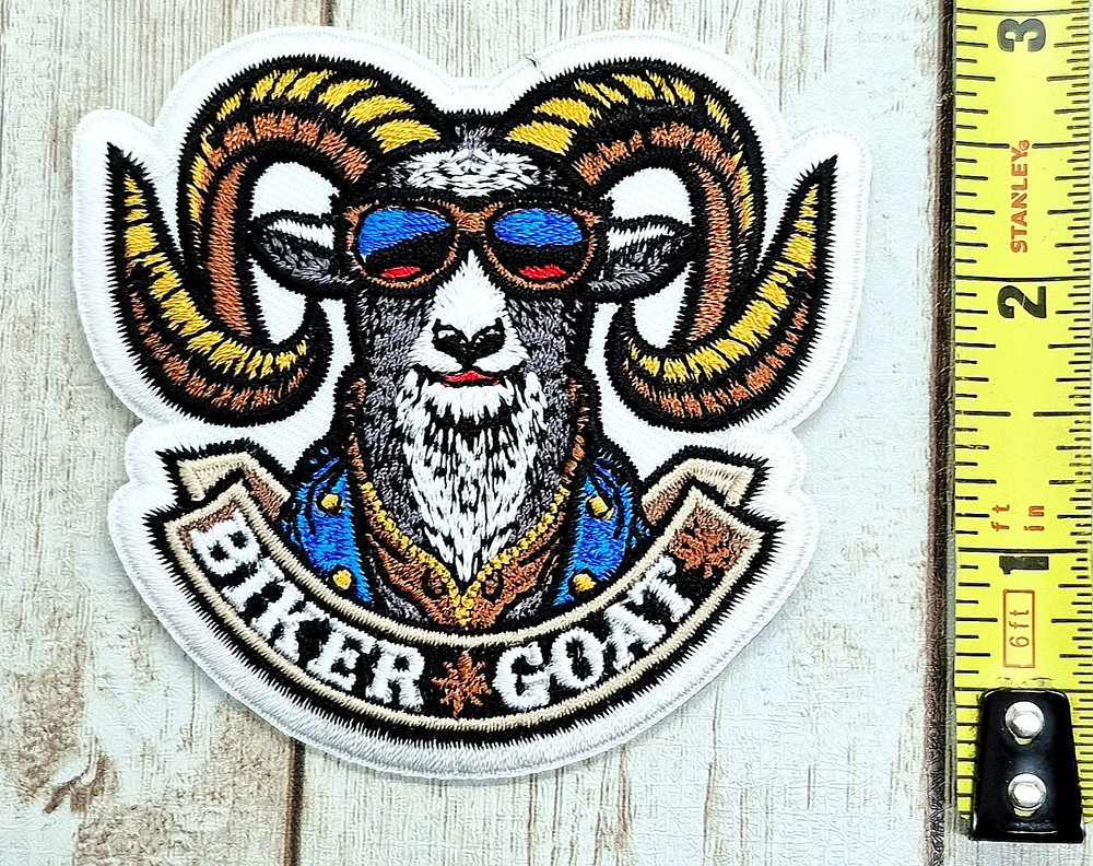 Biker Goat Iron On Embroidered Patch 3"x 2 7/8"