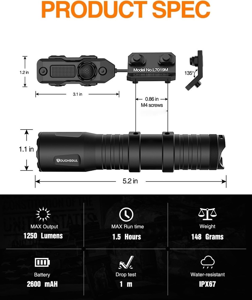 Compact 1250 Lumens M-Rail Flashlight - Rechargeable Battery