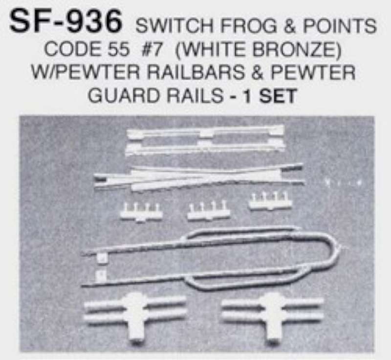 HO Switch Frog Code 55 #7 w/Switch Points & Pewter Guard Rails/Railbars (White B