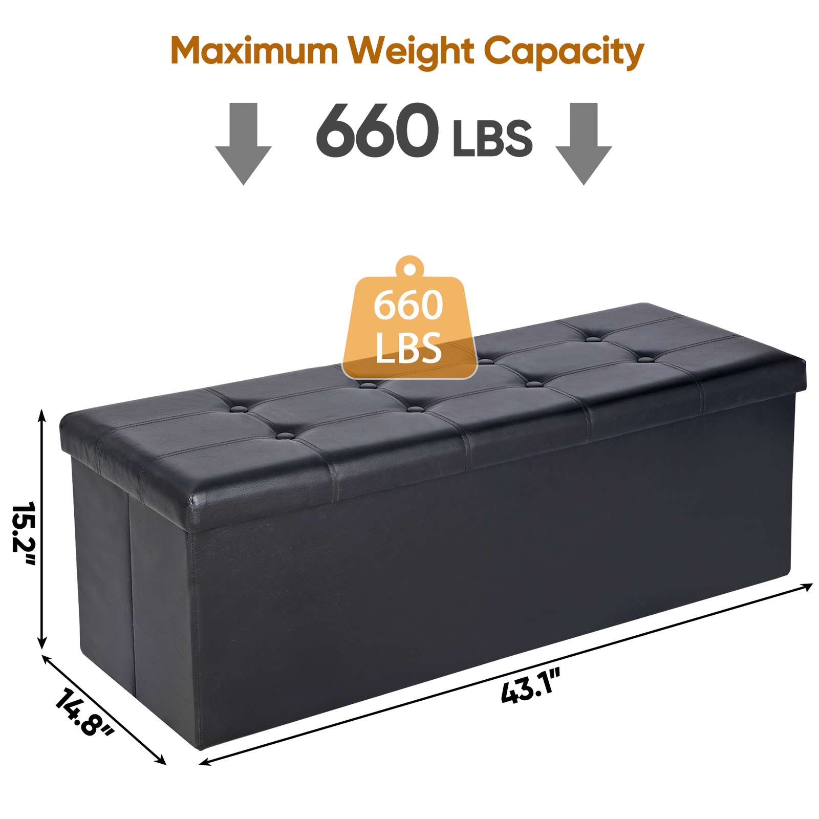 43 Inches Folding Storage Ottoman Bench Storage Chest Footrest wi/ Divider Black