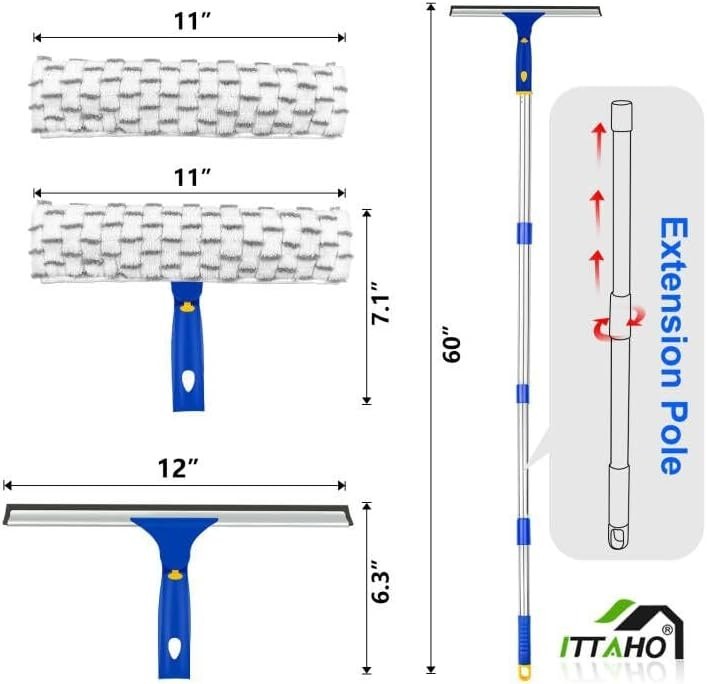 12" Window Squeegee & 11" Microfiber Scrubber with Extendable Stainless Steel...