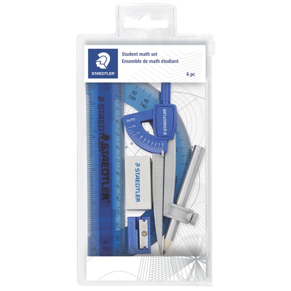 Student Math Set 6 PCS Compass Ruler Protractor Pencil Eraser Case