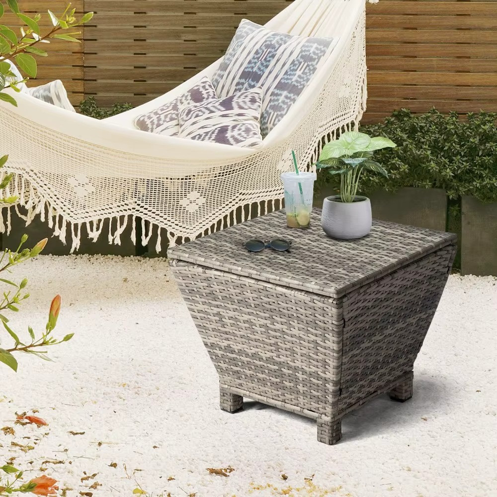 Outdoor PE Wicker Side Table with Storage Bin Container